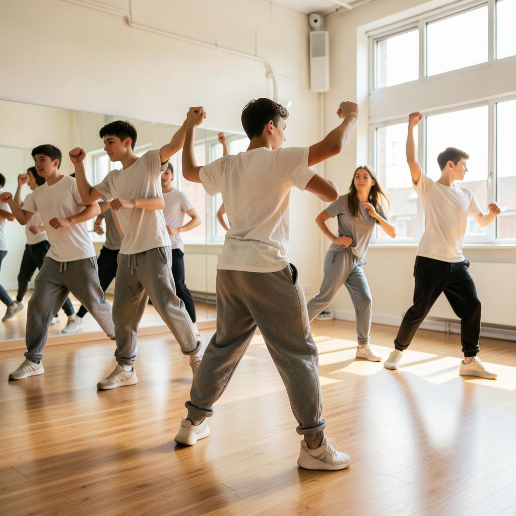 Adolescents dansant le hip-hop dans un studio de l'École de Danse Rachel Jasmin.